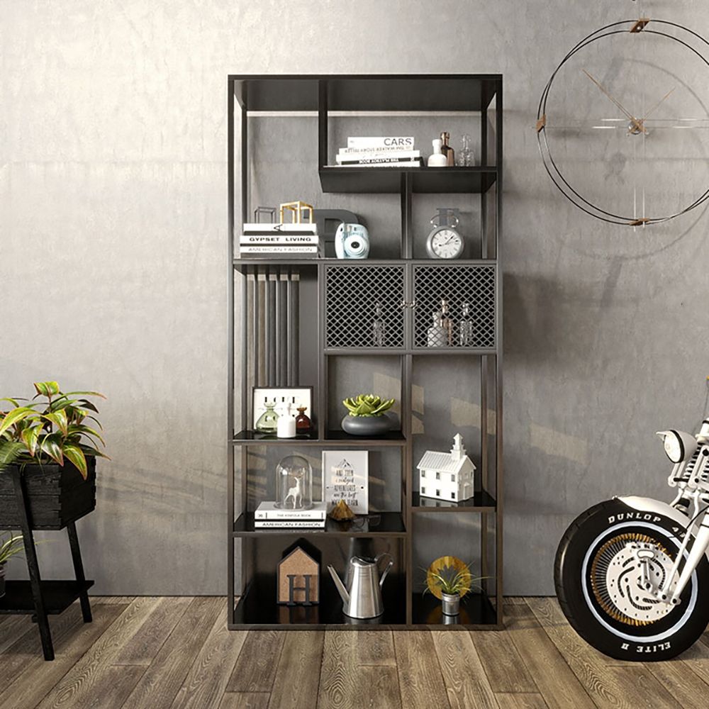 78" Contemporary Geometric Bookshelf with Doors in Metal & Black