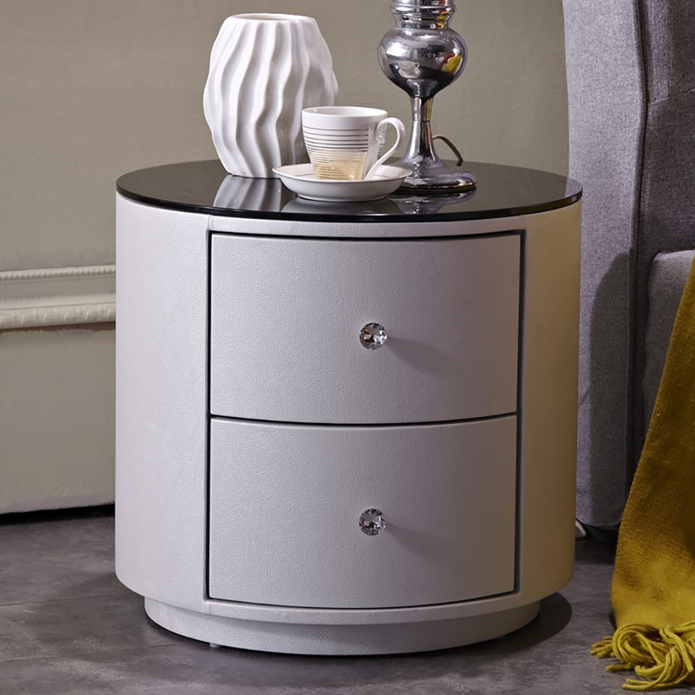 Modern White Nightstand Round Tempered Glass Top Leather Upholstery 2
