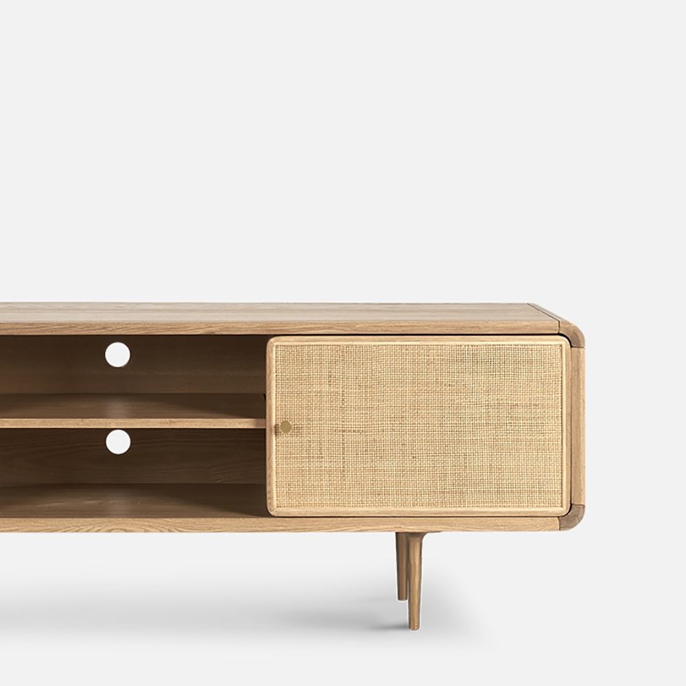 Nordic TV Stand Natural Media Console with Doors & Shelf Rattan Woven