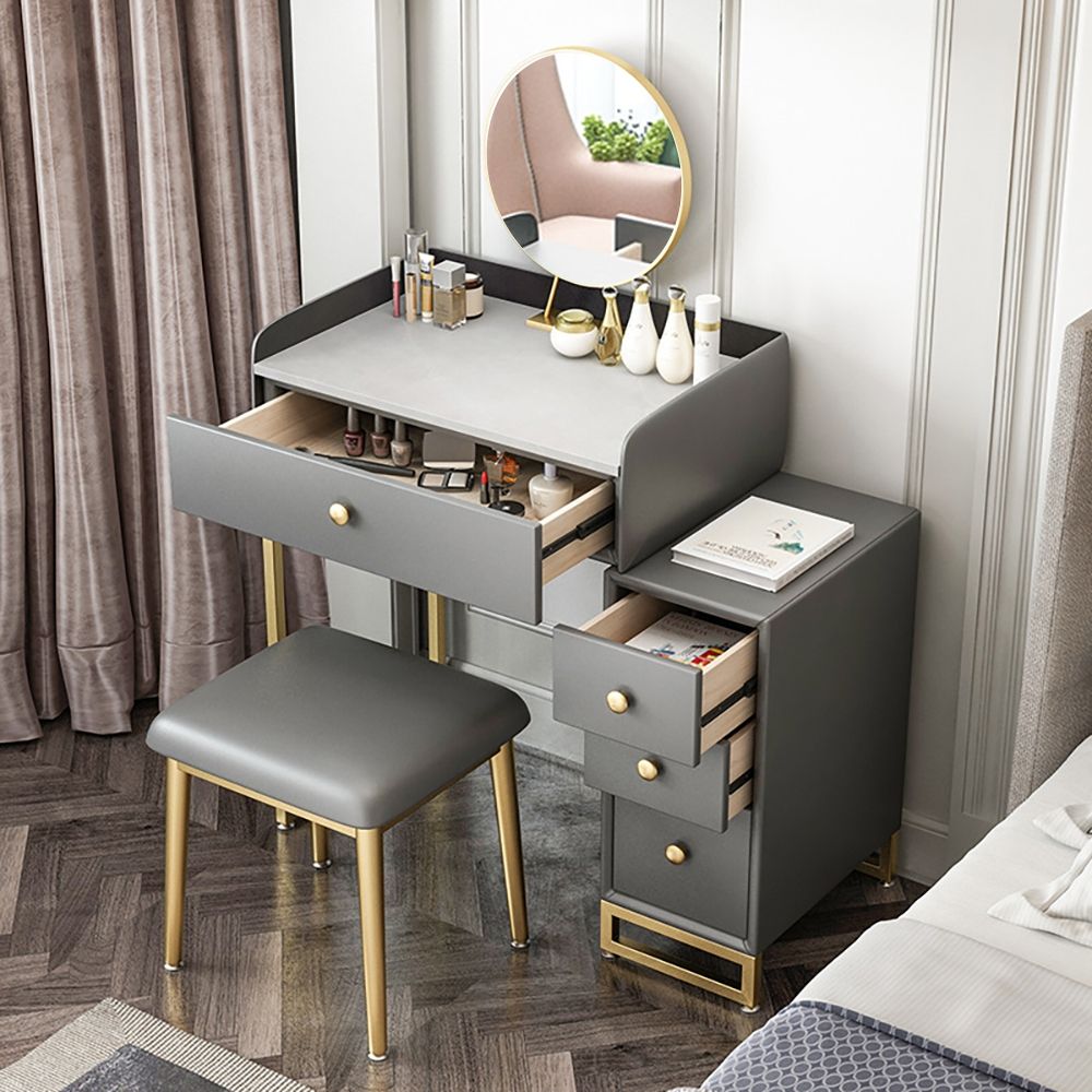 Modern Gray Makeup Vanity Retracted Faux Marble Dressing Table with Side