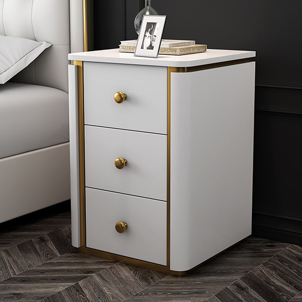 Modern White Nightstand 3Drawer Lacquered Bedside Table Gold Base