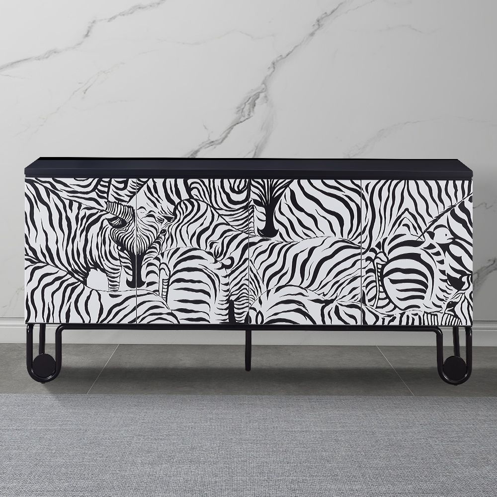 72" Black & White Sideboard Buffet Zebra Patterned Surface with