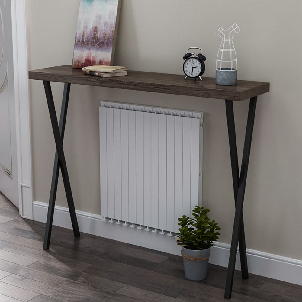 Narrow Console Table with Solid Wood Top & Black Metal Legs