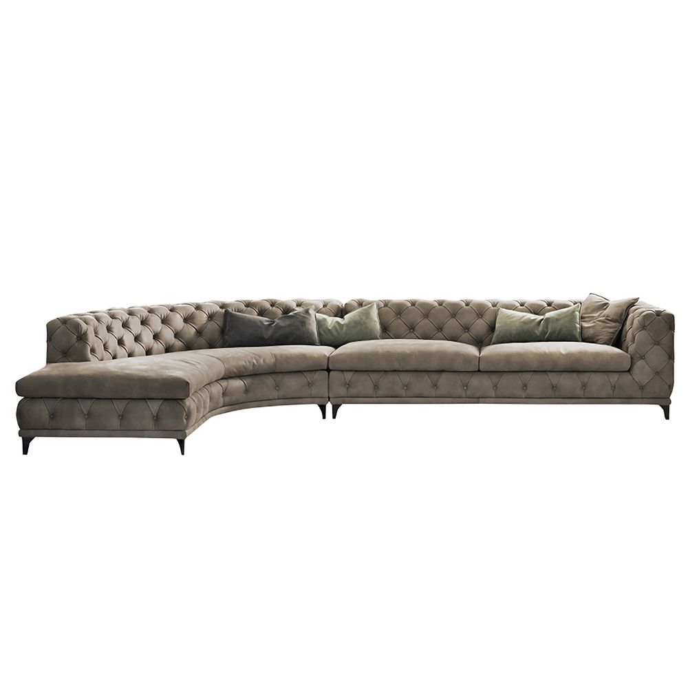 Curved Khaki Sectional Sofa Upholstered Velvet Chesterfield Sofa Stainless Steel Legs