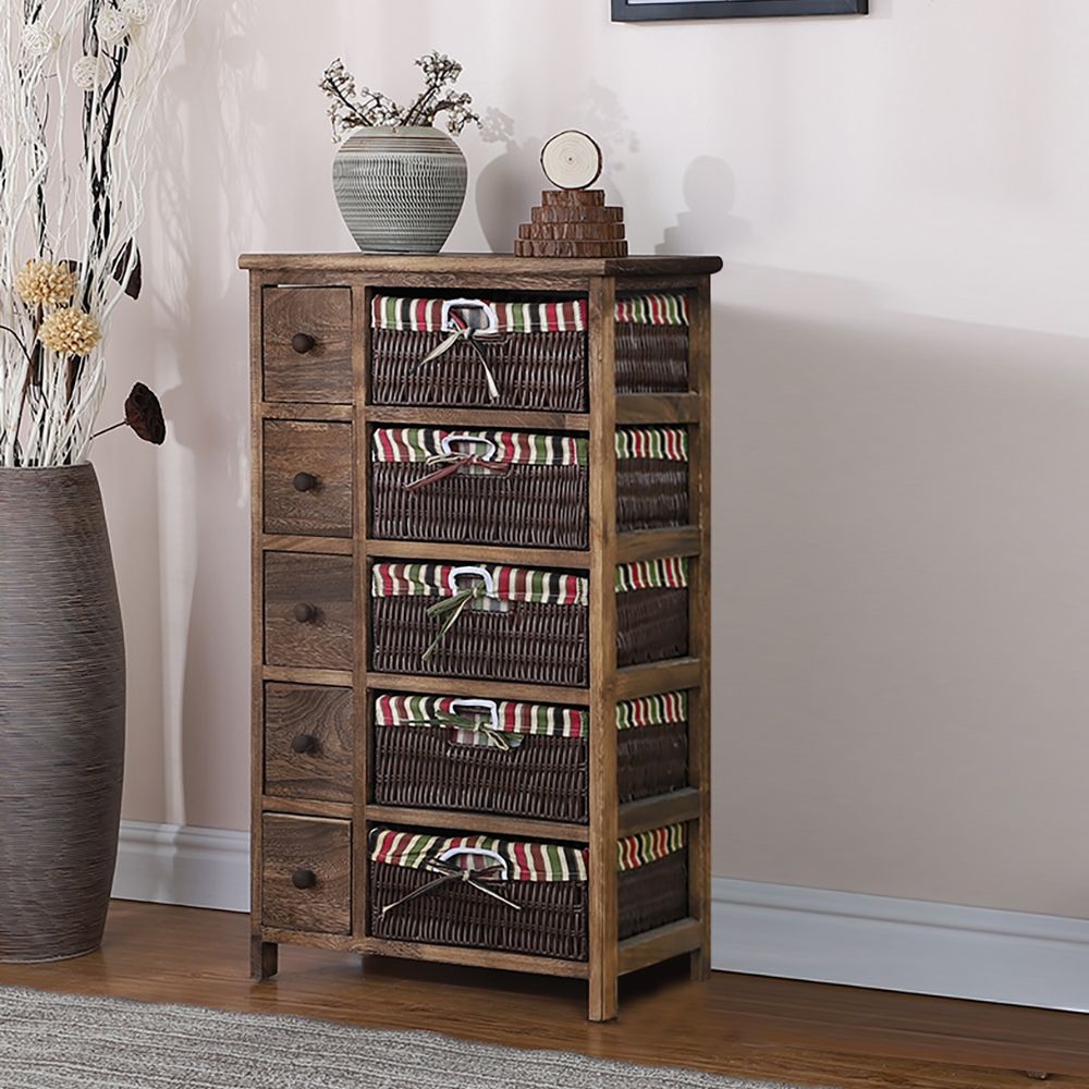 Rustic Drawer Storage with 5 Rattan Baskets