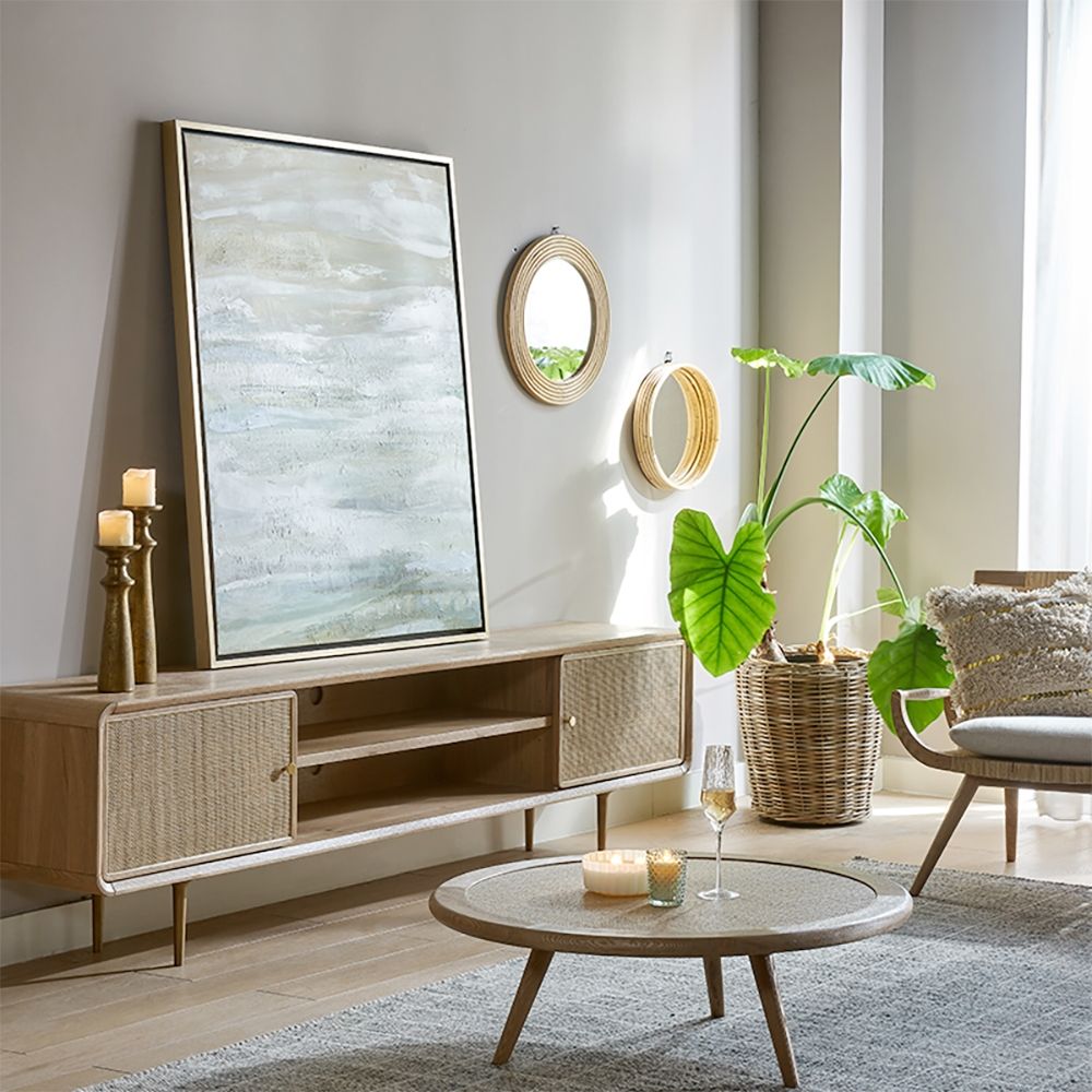 Nordic TV Stand Natural Media Console with Doors & Shelf Rattan Woven