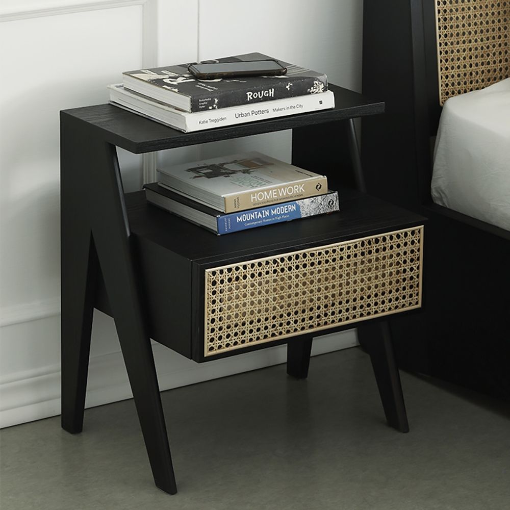 Nordic Black Nightstand 1Drawer Bedside Table Rattan Woven