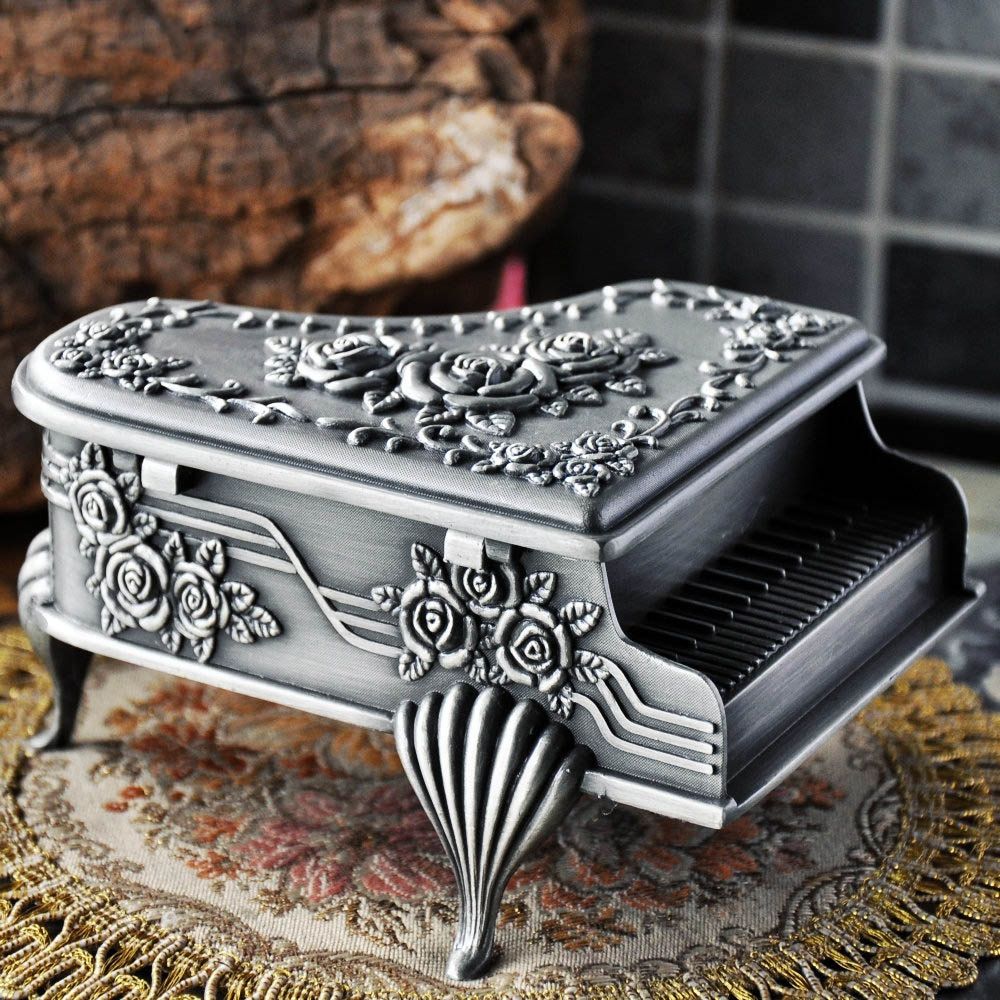 Vintage Piano Decor Jewelry Box Storage in Silver