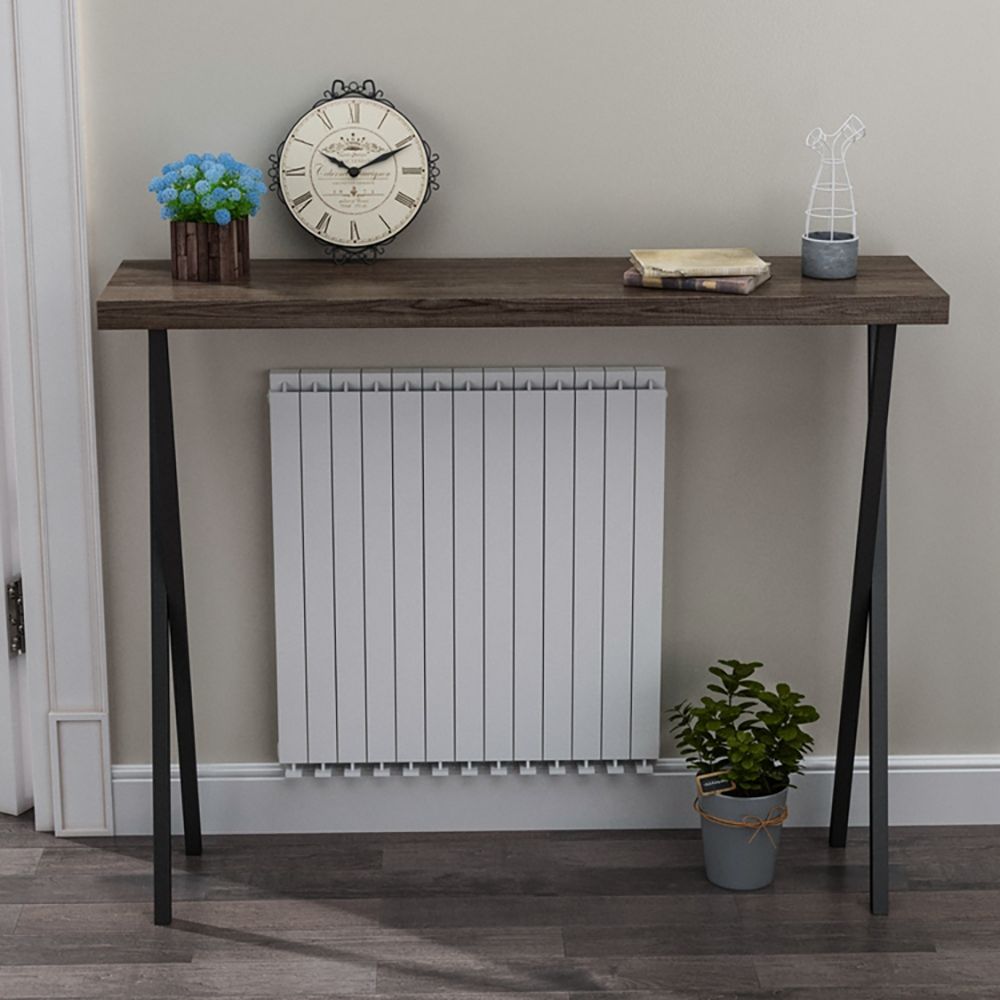 Narrow Console Table with Solid Wood Top & Black Metal Legs