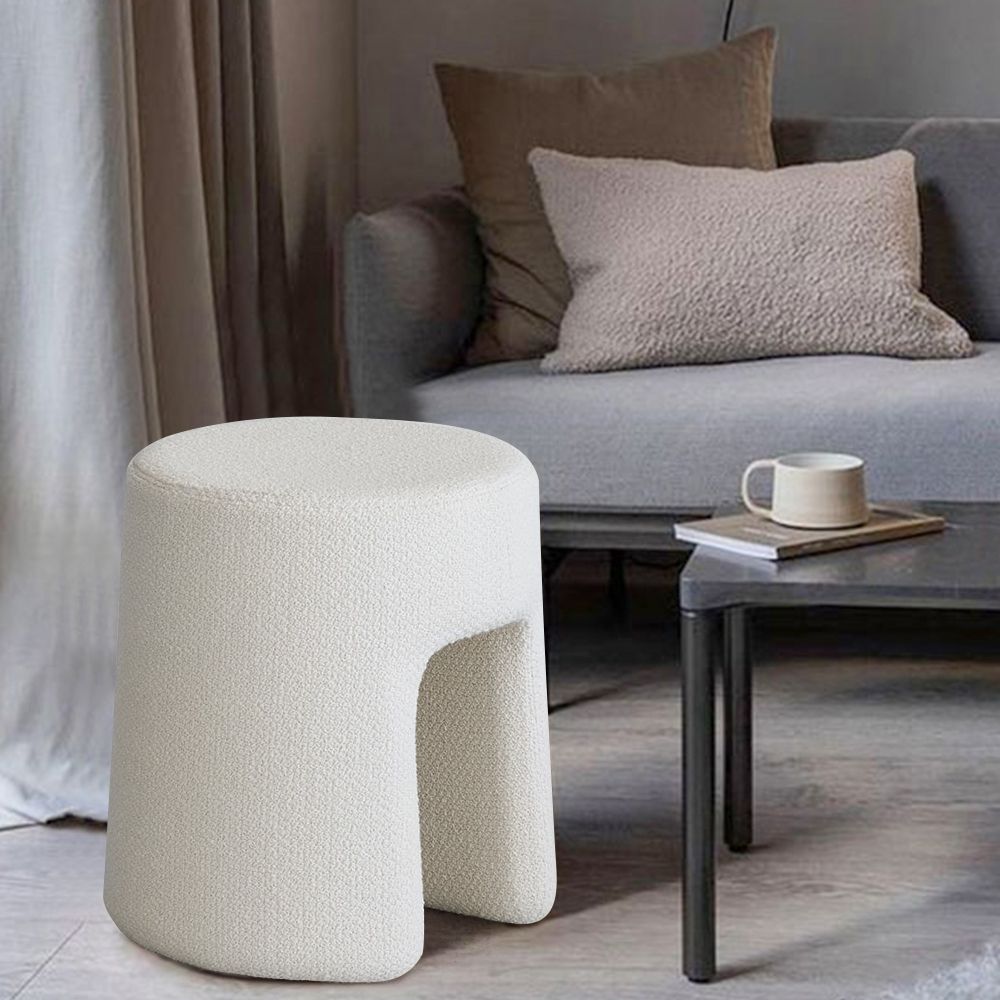 Round Stool Fabric Upholstered Ottoman Off-white Stool