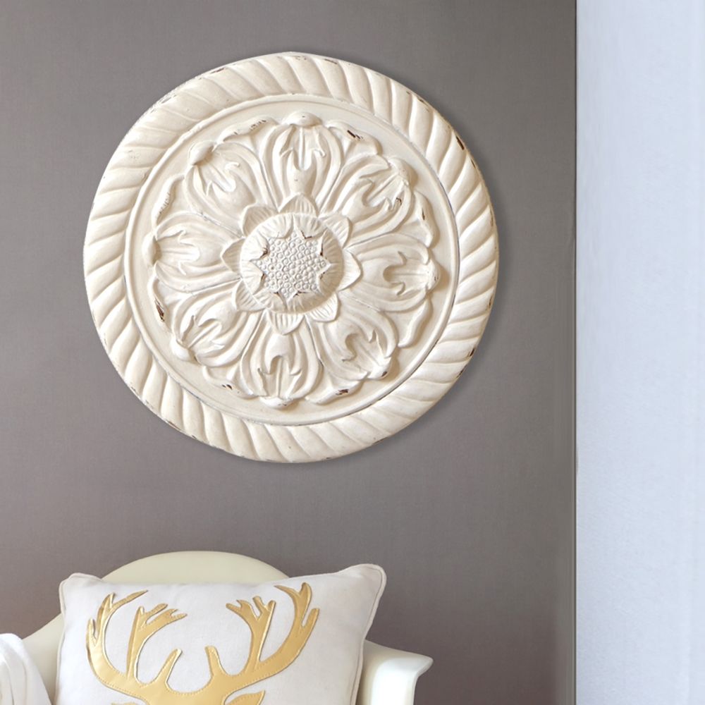 7.9" Farmhouse Round Medallion Wall Art Decor Carved White Flower Pattern