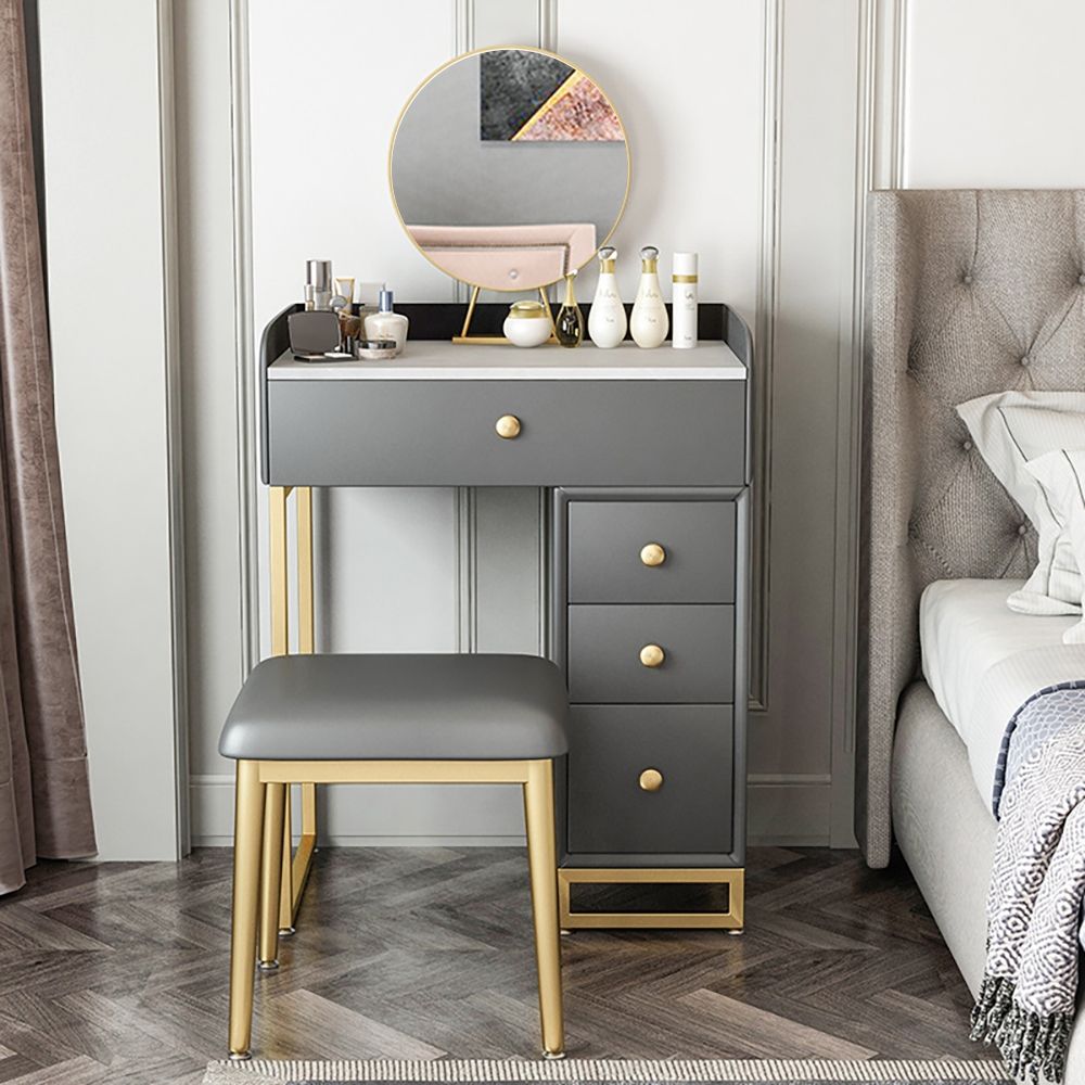 Modern Gray Makeup Vanity Retracted Faux Marble Dressing Table with