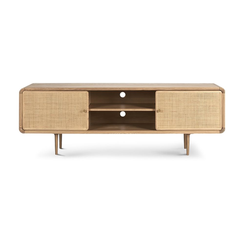 Nordic TV Stand Natural Media Console with Doors & Shelf Rattan Woven