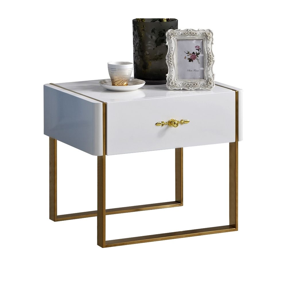 Modern White Nightstand 1Drawer Lacquered Luxury Bedside Table