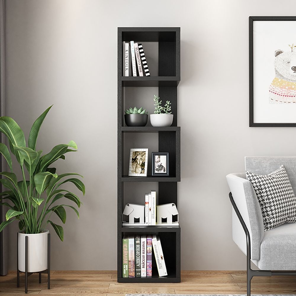 Contemporary Geometric Bookshelf in Black 70"