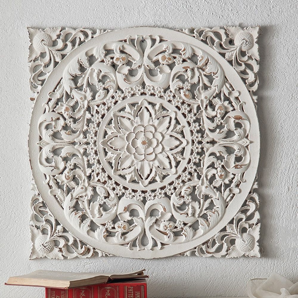 Distressed White Medallion Wall Art Decor French Country Carved Wood Flower