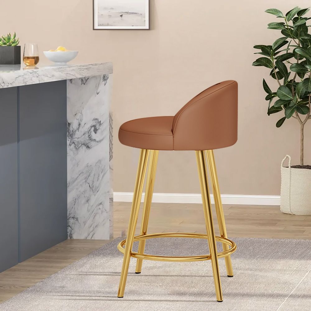 26.8" Height Bar Stool PU Leather Upholstery in Gold Finish Set of 2