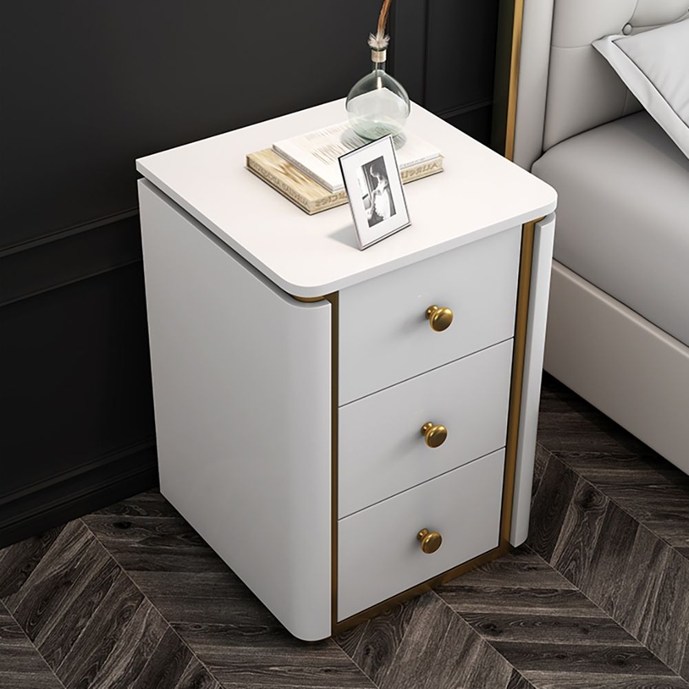 Modern White Nightstand 3Drawer Lacquered Bedside Table Gold Base