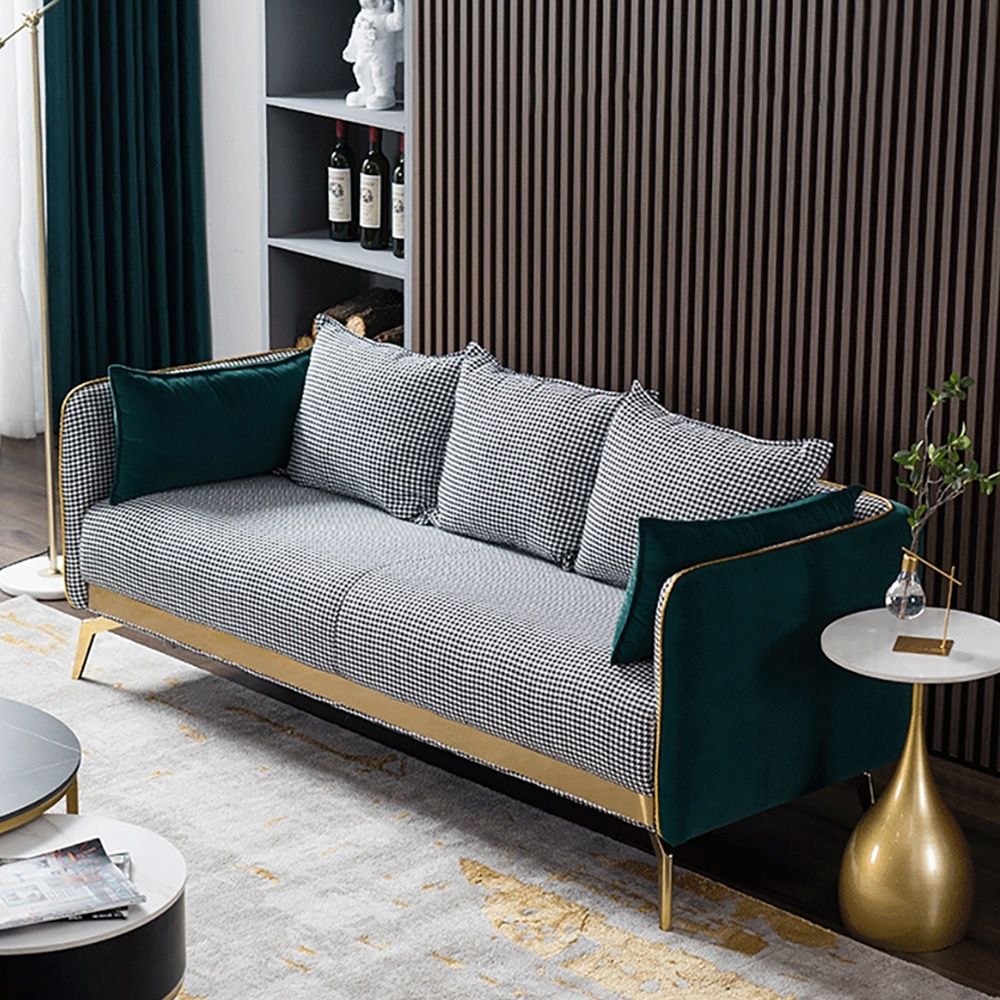 2000mm Modern Houndstooth Upholstered Sofa 3-Seater Green Velvet Sofa