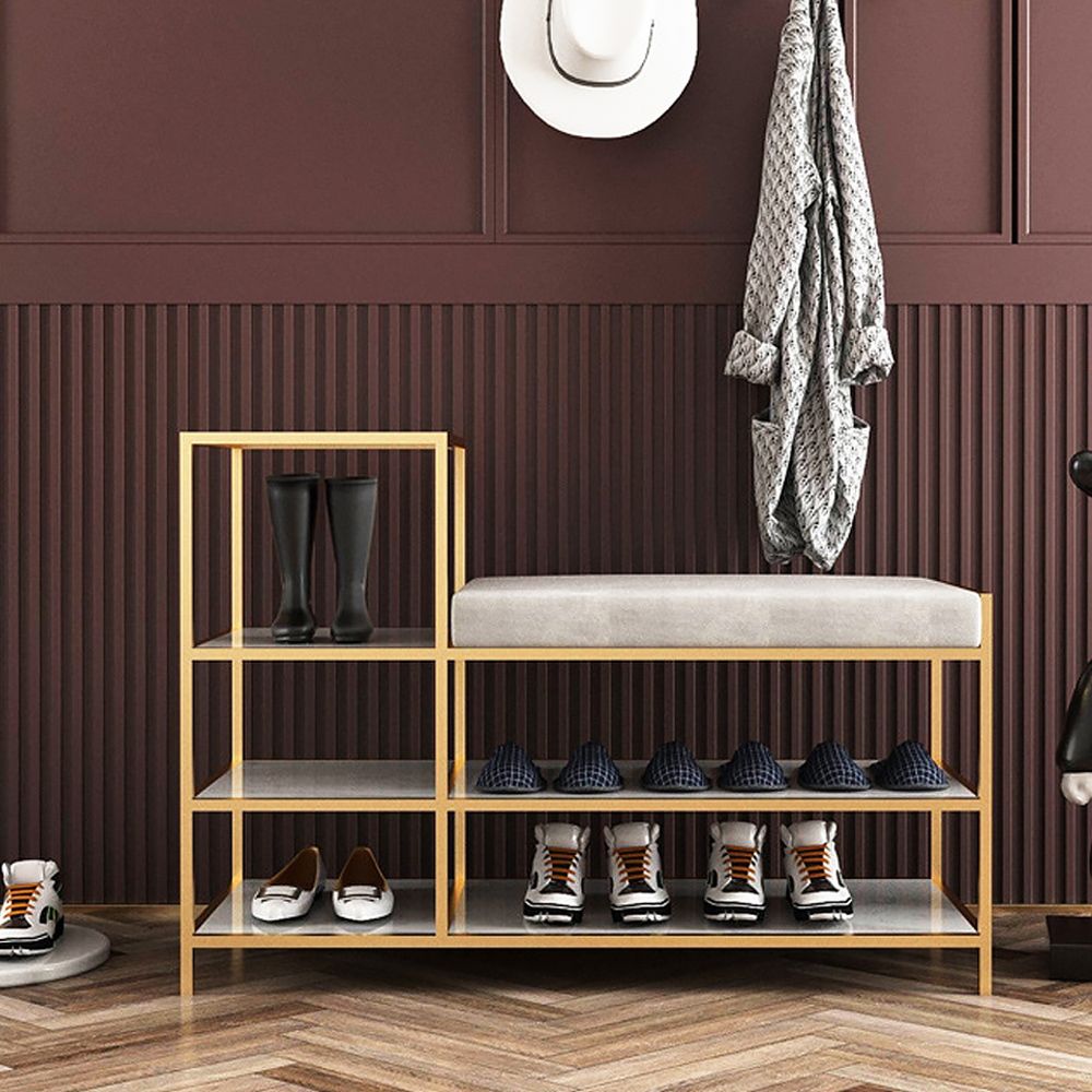 Velvet Upholstered 2-Tier Shoes Storage Stool in Gold Finish Modern Bench