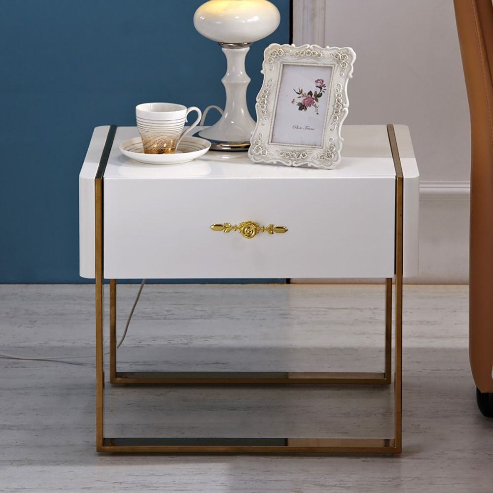 Modern White Nightstand 1Drawer Lacquered Luxury Bedside Table
