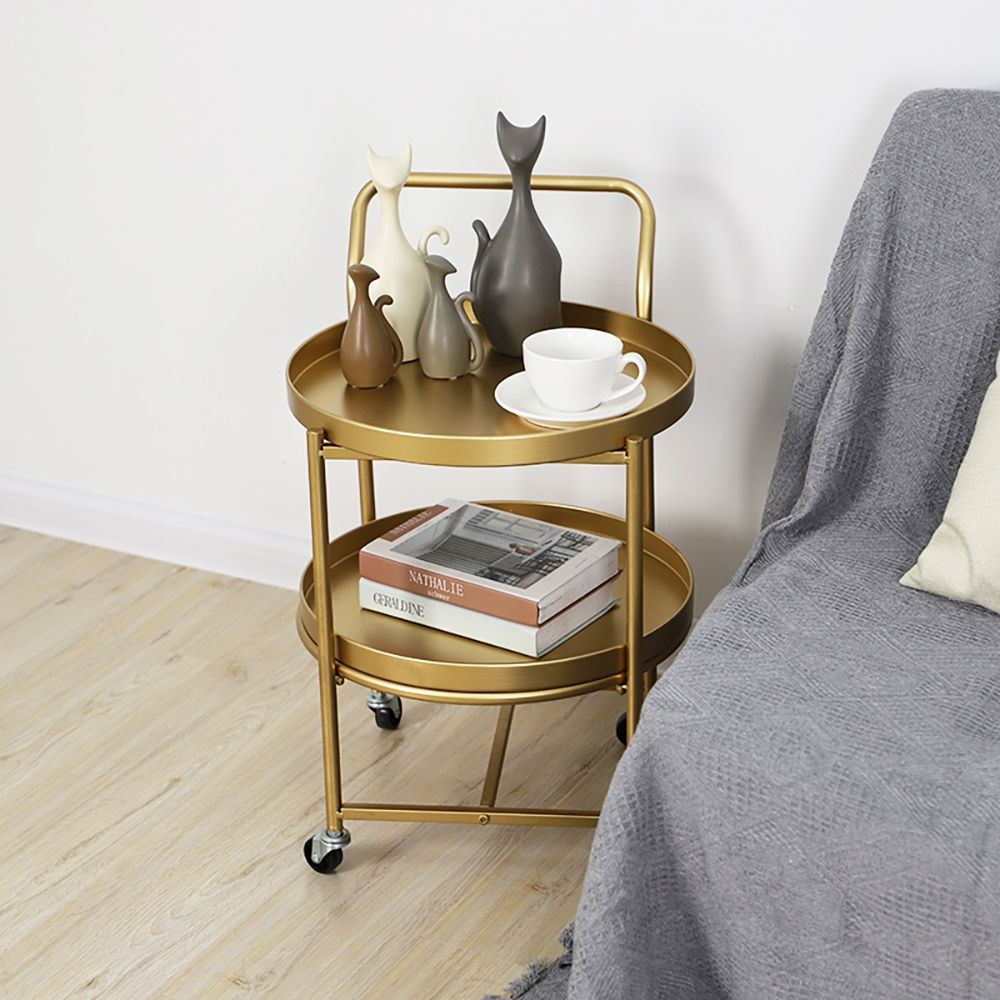 15.7"Dia Round Rolling Storage Cart 2Tier Tray with 4 Casters Metal Gold