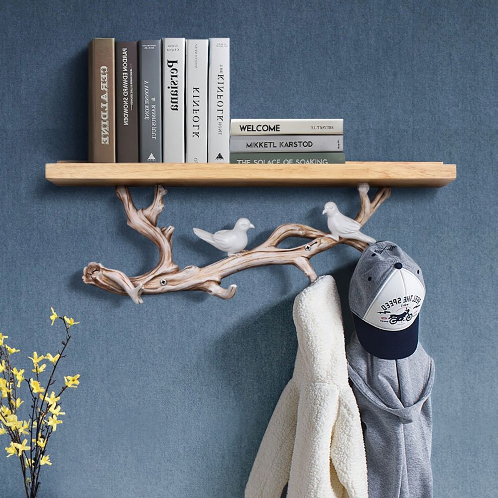 Nordic Tree & Bird Decor Wall Mounted Coat Rack with Shelving