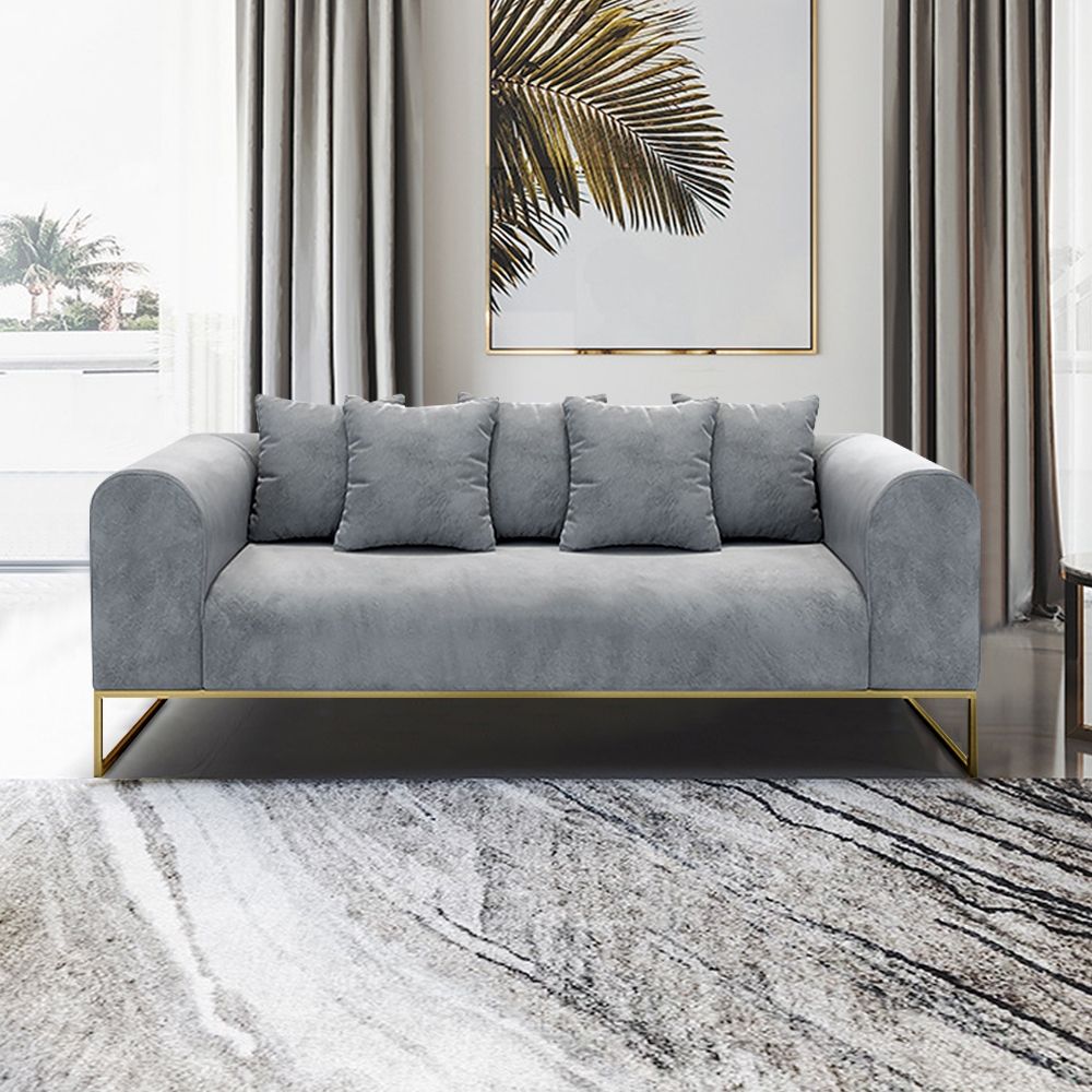 2000mm Modern Grey Velvet Upholstered Sofa 3-seater Sofa In Gold Legs