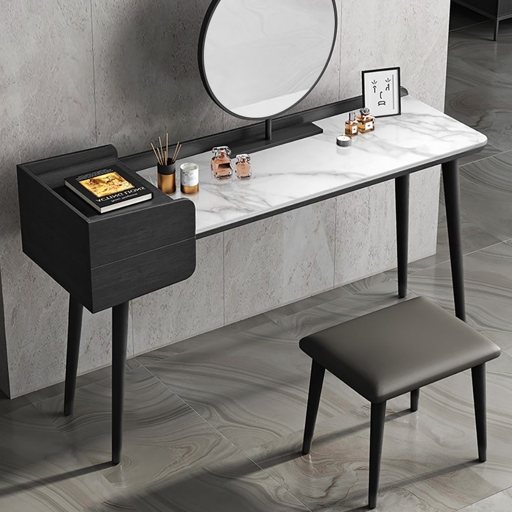 White & Black Makeup Vanity Set Faux Marble Top with 2 Drawers Mirror
