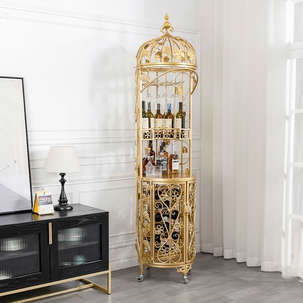 Modern CageShaped Metal Standing Wine Rack in Gold with Casters