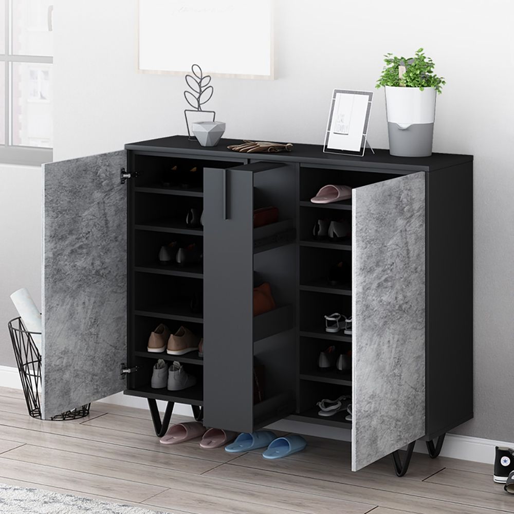 Modern Shoe Gray & Black Shoe Organizer with Doors Shelves
