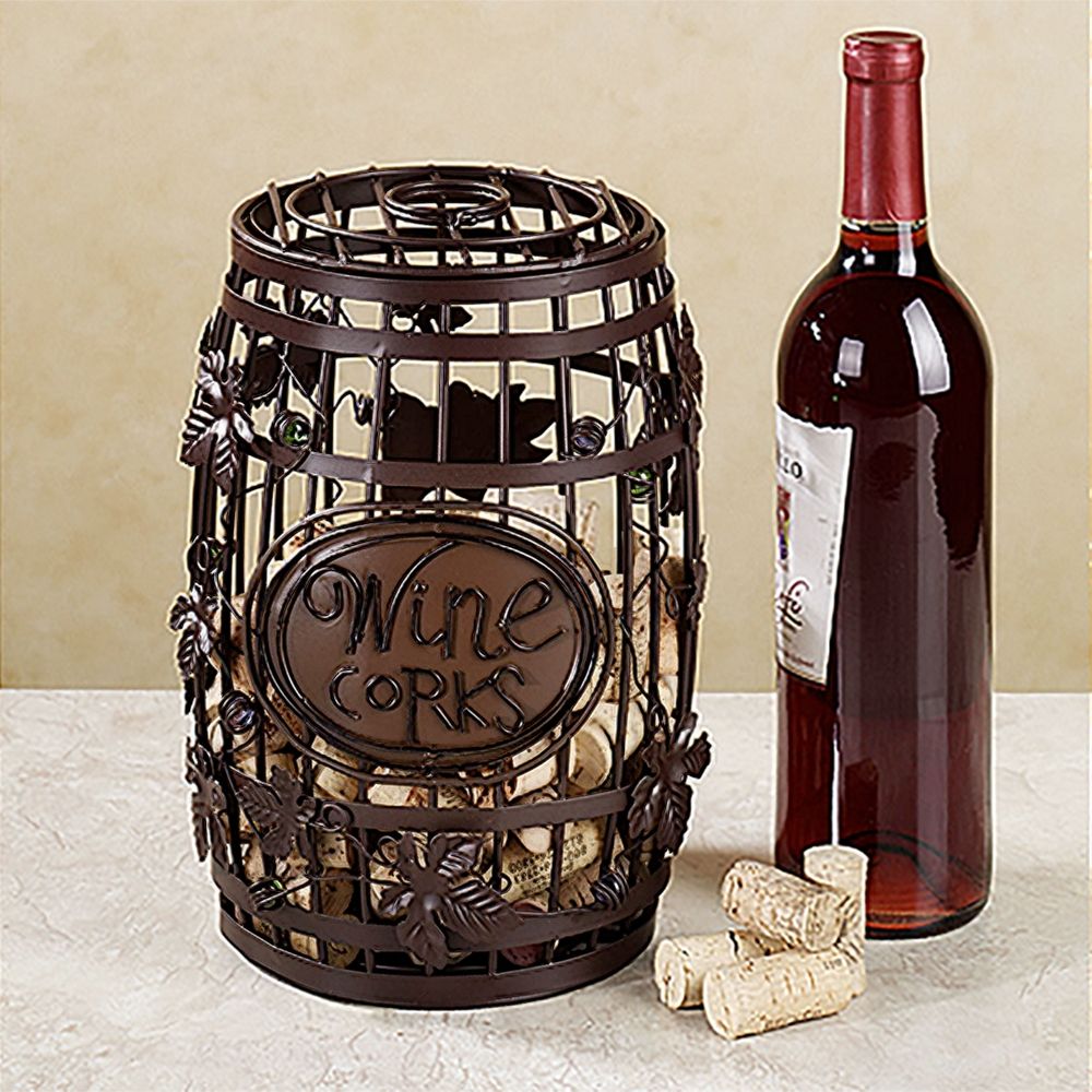 Cottage Barrel-Shaped Wine Cork Holder Countertop in Metal