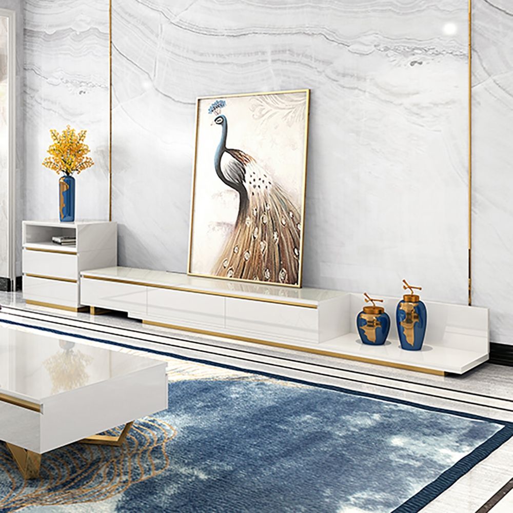 Modern White TV Stand Tempered Glass Top Retracted Media Console with 3