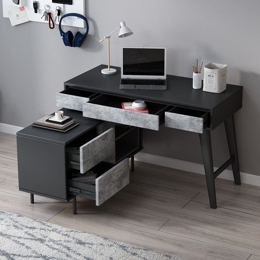 Modern Black L Shaped Desk with Drawers & Storage Rotatable