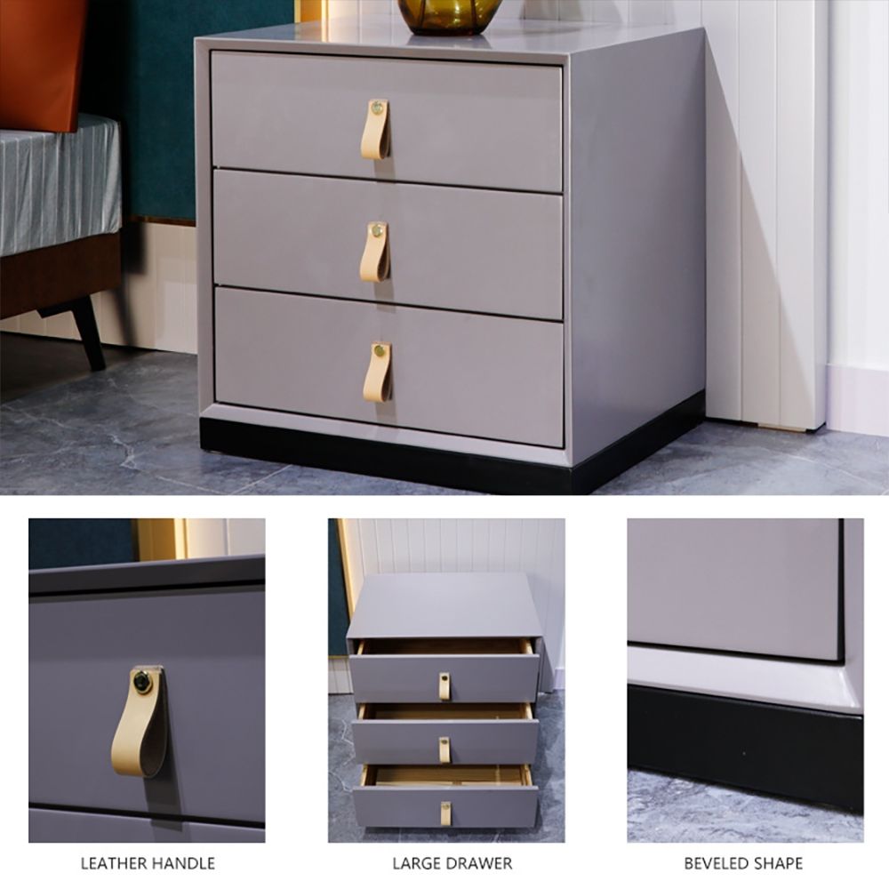 Modern Grey Nightstand 3Drawer Bedside Table with Faux Leather Pulls