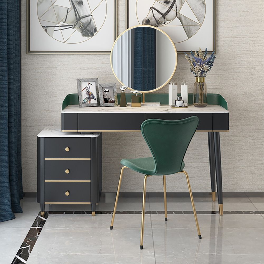 Modern Green Makeup Vanity Set Retracted Faux Marble Top 5 Drawers