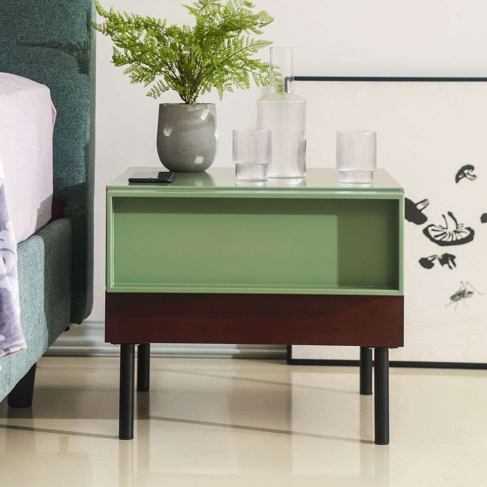 Green Nightstand Minimalist Lacquered 1-Drawer Bedside Table