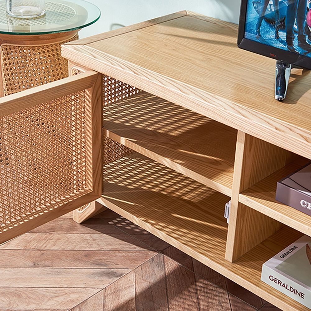 57" Japanese Natural TV Stand Rattan Woven Media Console With Storage
