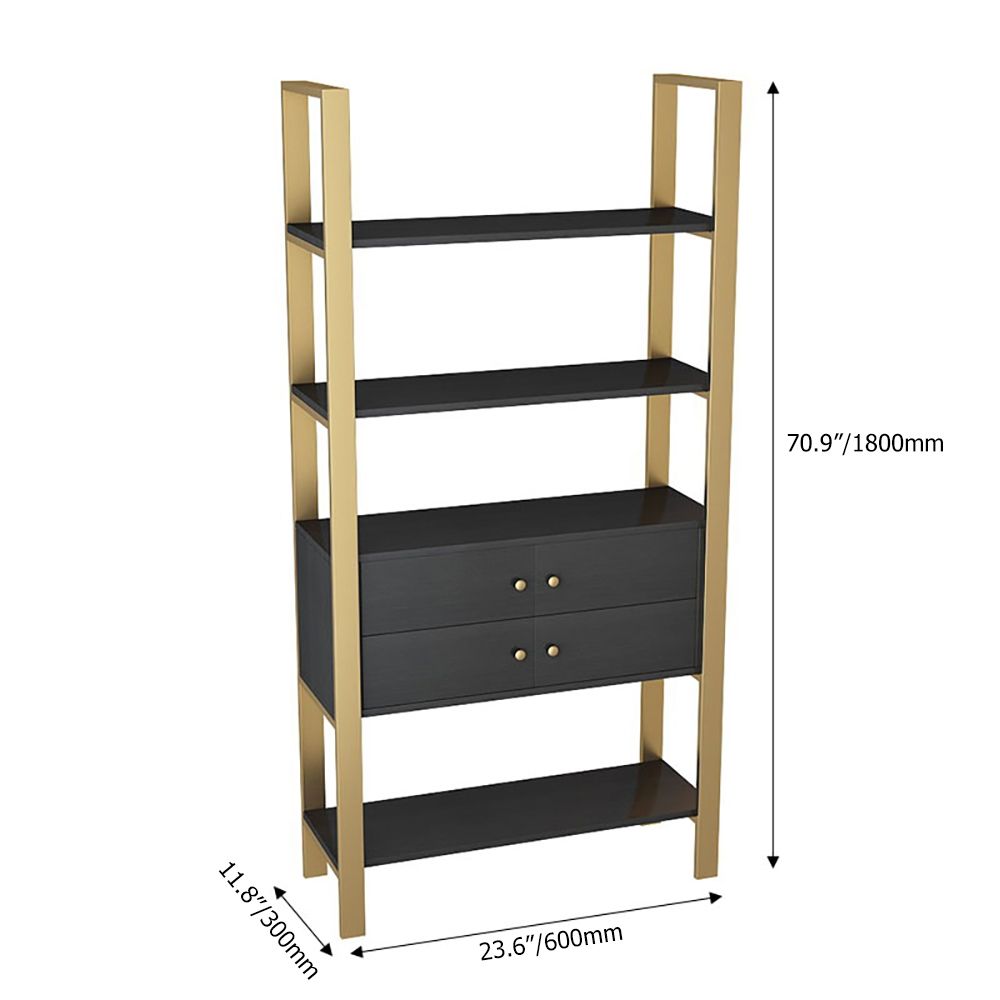 70.9" Display Gold Bookshelf Storage Bookcase with 4 Doors in Black
