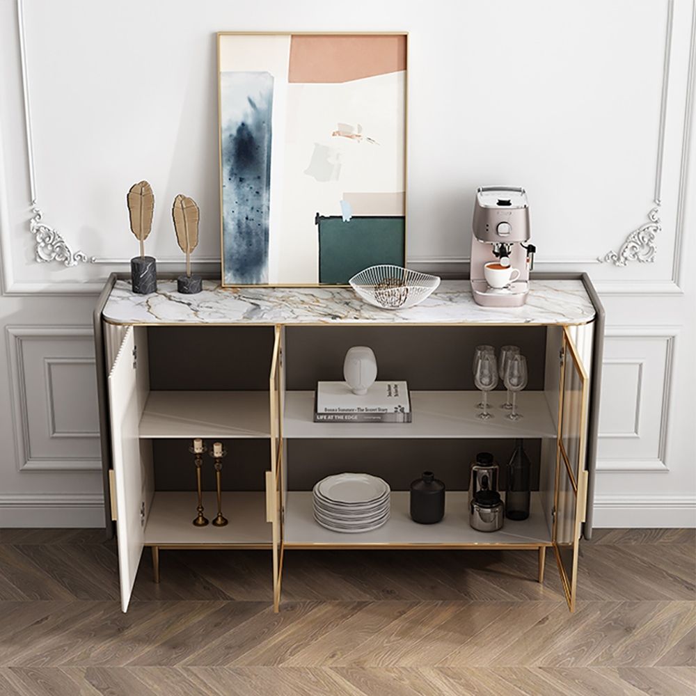 60" Modern White Sideboard Stone Top Tempered Glass Doors Buffet with