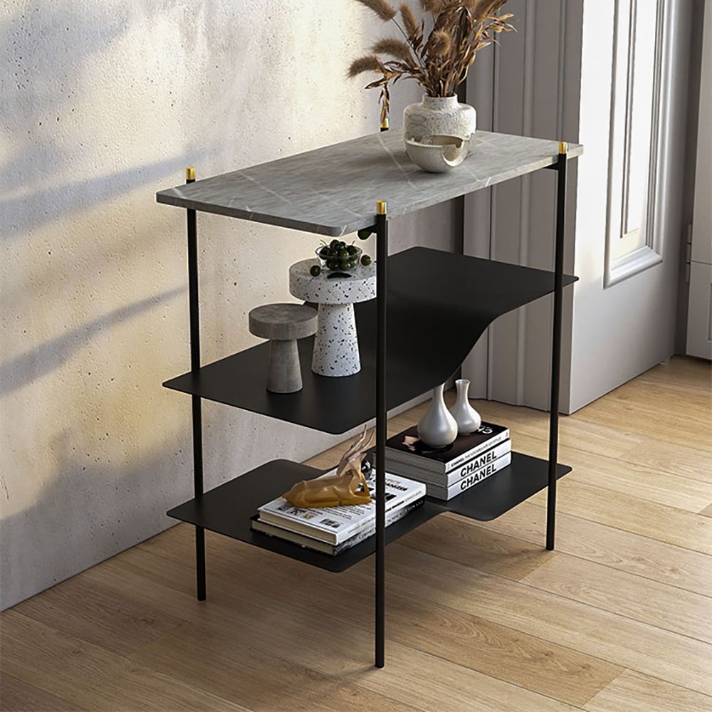 Modern Side table with Storage Gray Stone Top & Black Metal Frame 3Tiers Storage Shelves