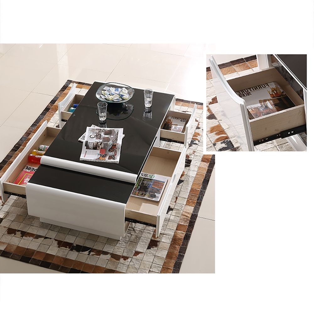 Modern Extendable Tempered Glass Coffee Table with Storage in Black & White
