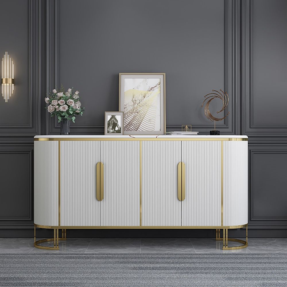 Modern White Sideboard Oval Faux Marble Top Buffet with Shelves Doors ...