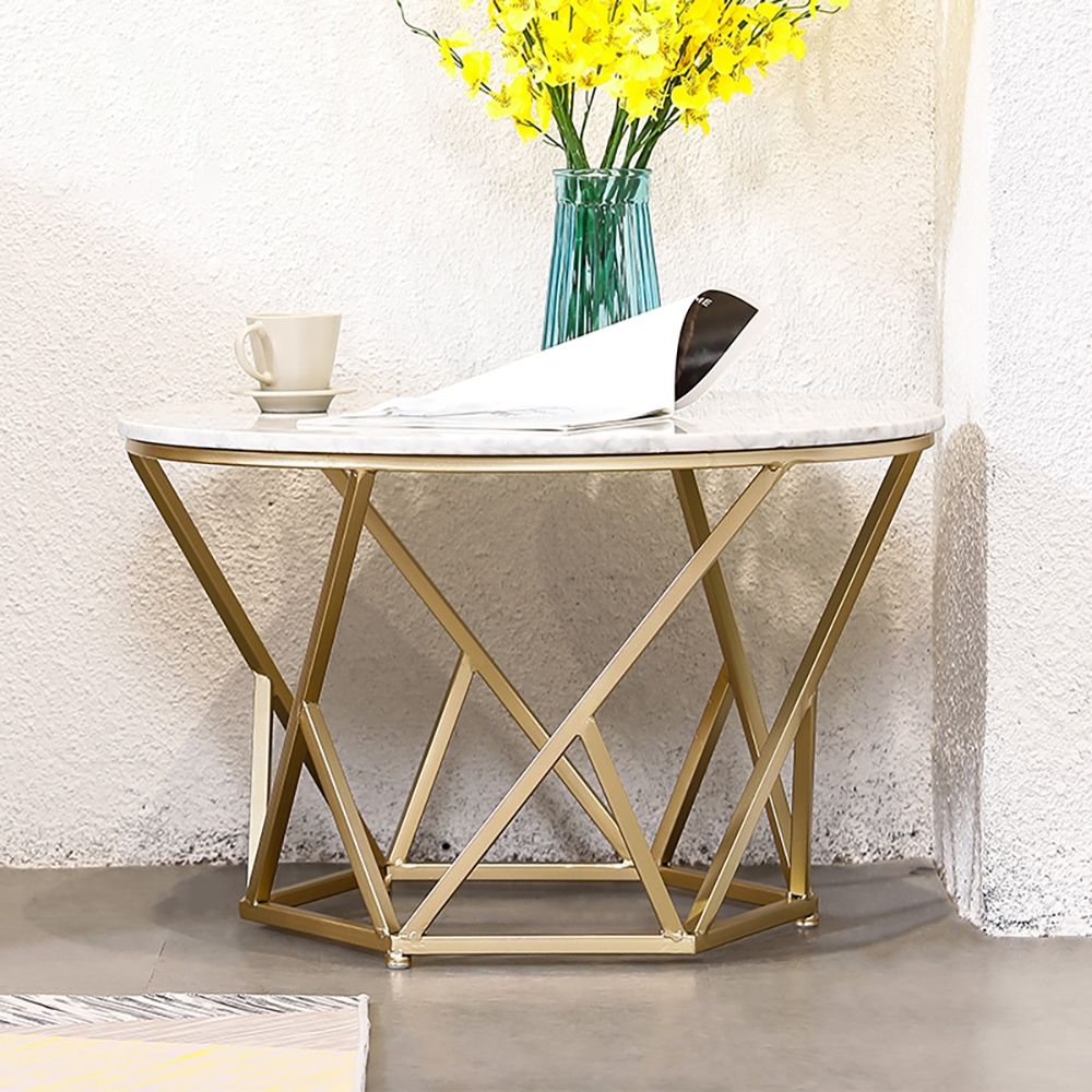 Modern Marble Round Coffee Table with Metal Base in Black