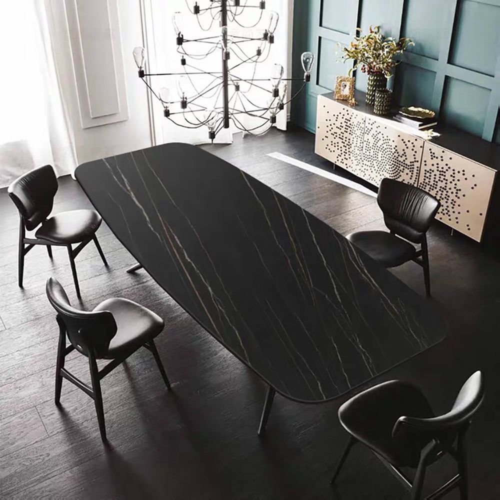 1600mm Black Modern Dining Table with Stone Top & Carbon Steel Frame