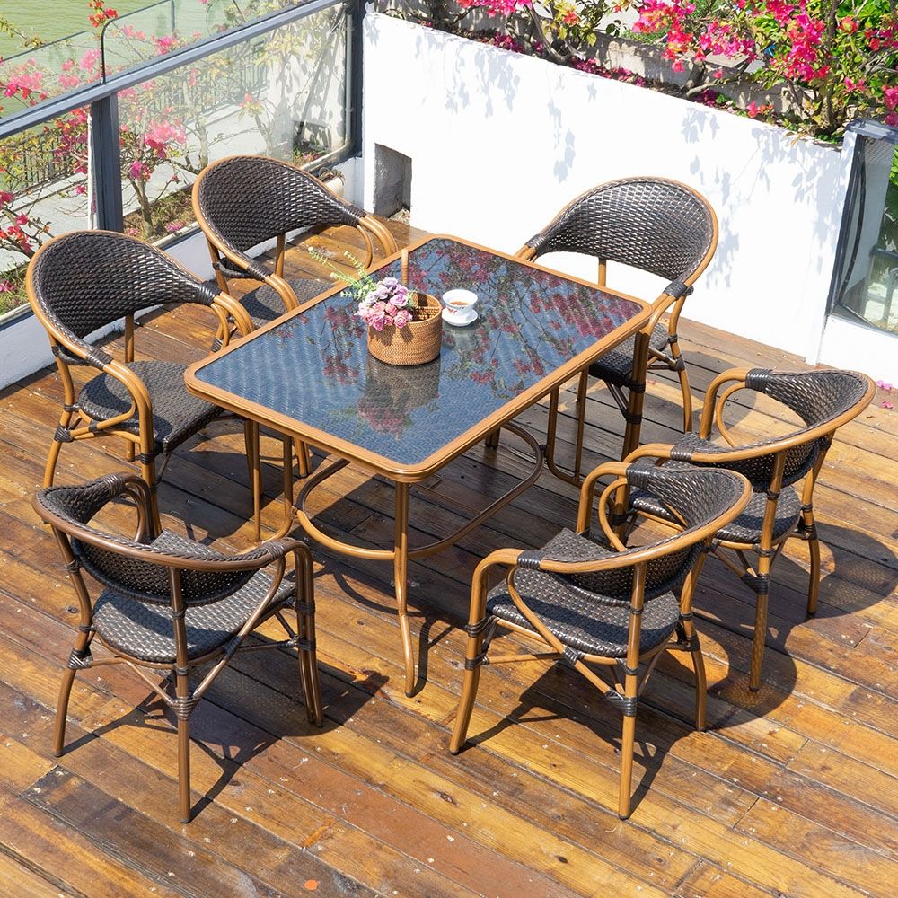 7Pieces Rattan Patio Dining Set with Glasstop Trestle Table and 6