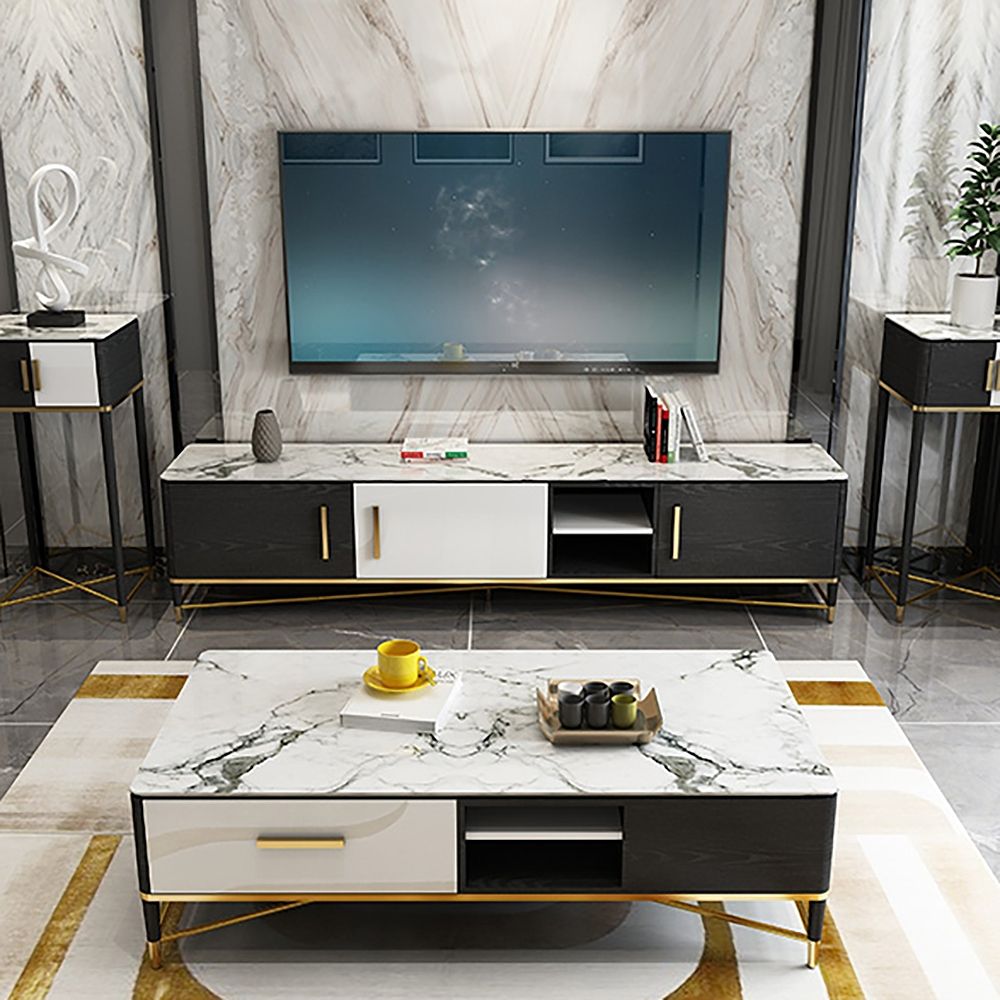 White&Black TV Stand Faux Marble Top Media Stand 3 Drawers 1 Shelf for