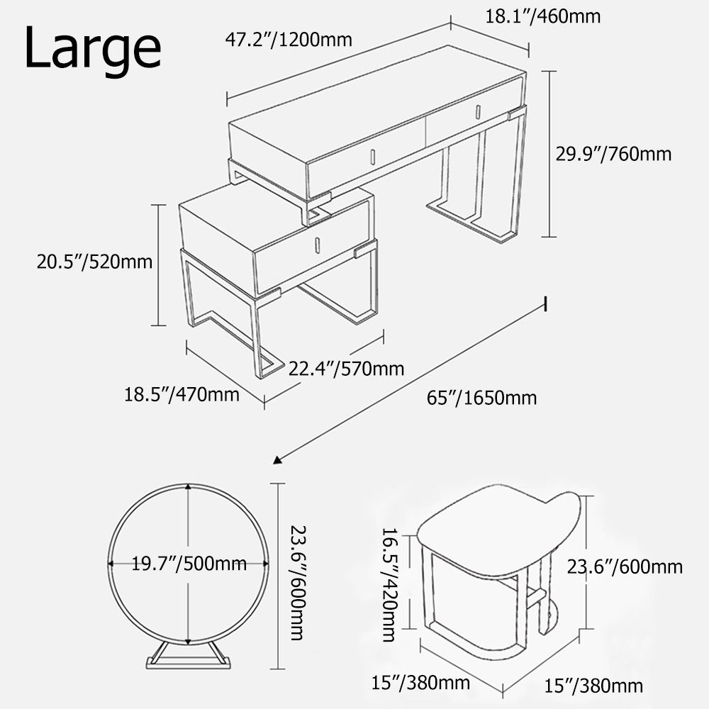 White Makeup Vanity Set Retracted & Extendable Table with