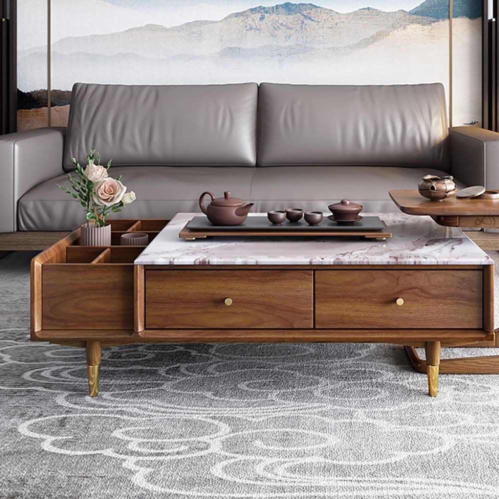 Modern Marble Coffee Table with Storage & Drawers Solid Wood & Metal