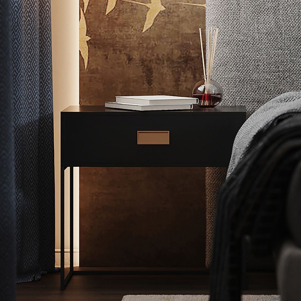 Modern Black Nightstand 1Drawer Bedside Table High Metal Base